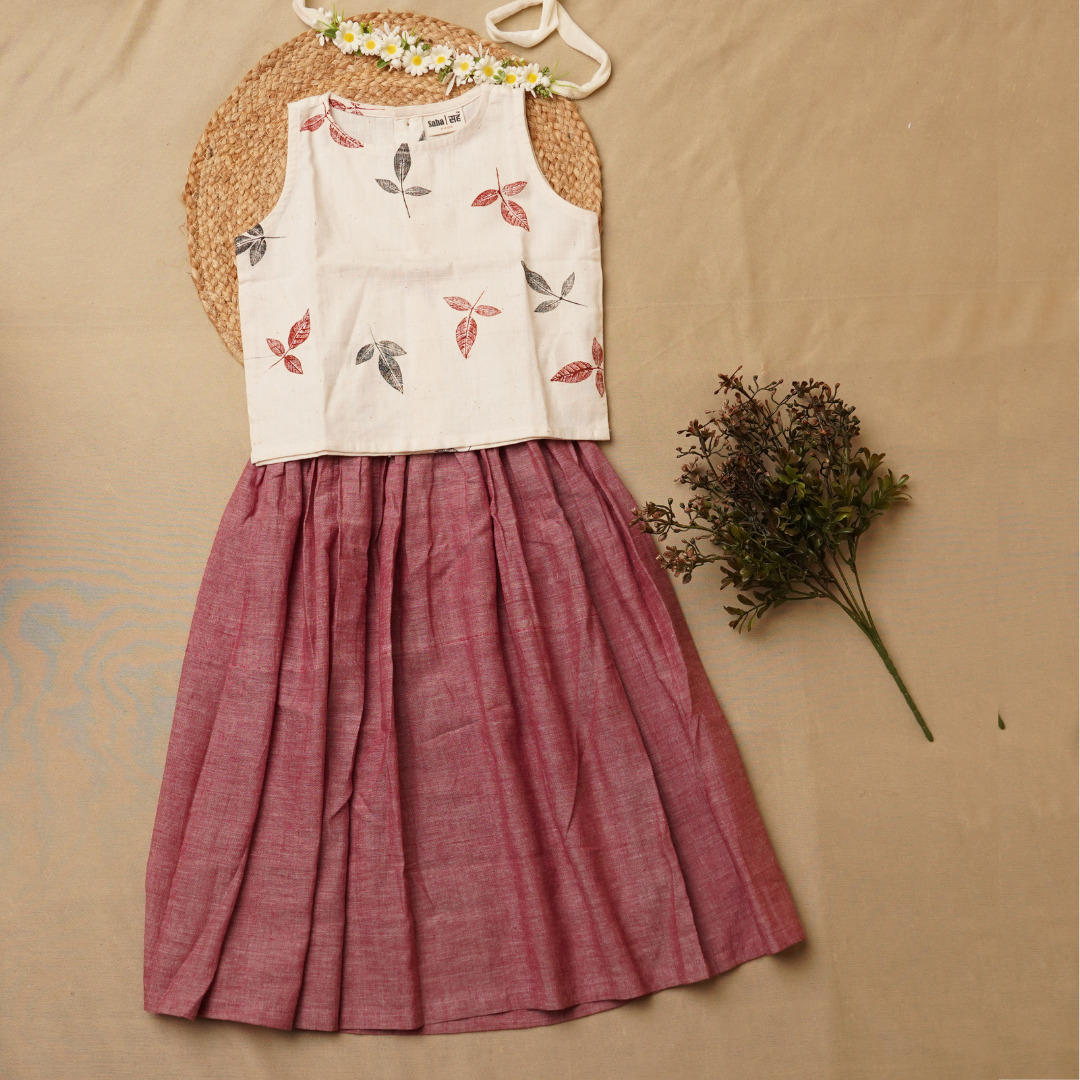 Twirl and Top' - Girls' Leaf Print Crop Top with Long Skirt