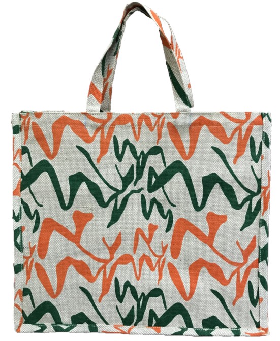 Printed Jute Cotton Shopping Bag - Orange and green print