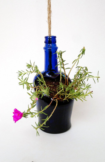 Upcycled Hanging Bottle Glass Planter (Blue)