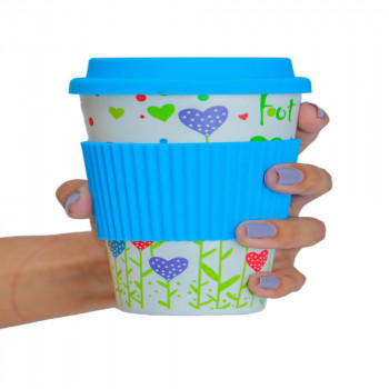 Bamboo Fiber Travel Coffee Mug with Silicone lid & Sleeve, 400 mL-Blue