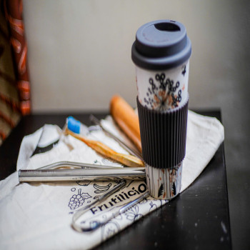 Bamboo Fiber Travel Coffee Mug with Silicone lid & Sleeve, 400 ml