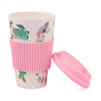 Bamboo Fiber Travel Coffee Mug with Silicone lid & Sleeve, 400 ml-Pink
