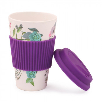 Bamboo Fibre Travel Coffee Mug with Silicone lid & Sleeve, 400 Ml-Purple