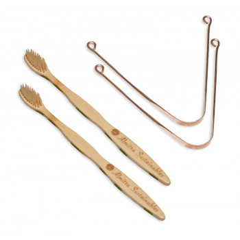 Oral Care Set – Bamboo Bristle Toothbrush and Copper Tongue Cleaner (Pack of 2)