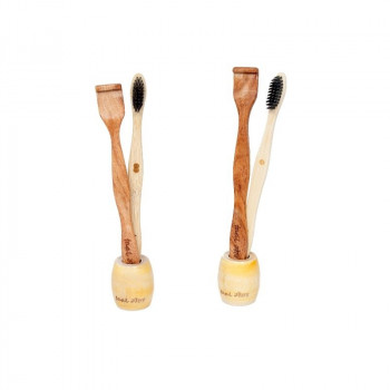 Oral Care Set – Bamboo Toothbrush, Neem Wood Tongue Cleaner and Bamboo Holder (Pack of 1)