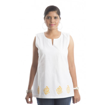 Zeme Sleeveless top - White with Yellow Bird & Flower Print