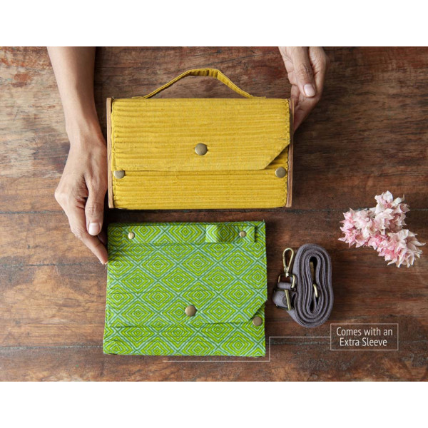 Box Sling Bag/Clutch with Changeable Sleeve (Geometric Green & Solid Yellow)