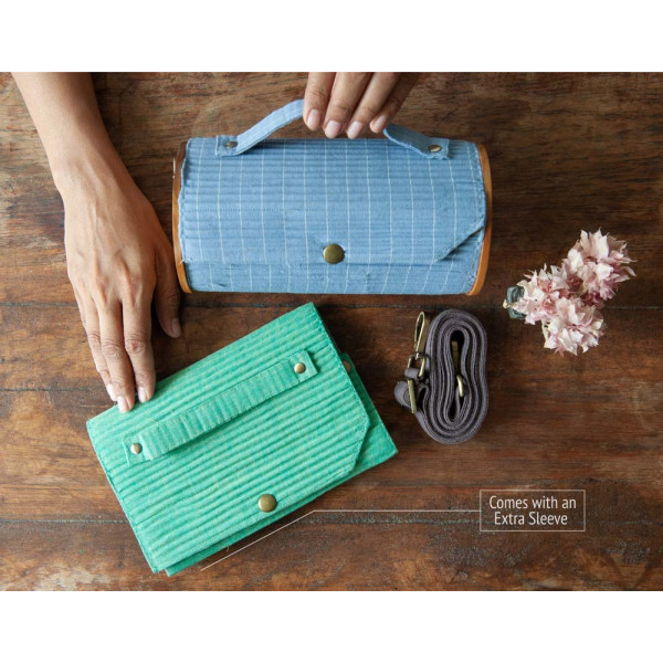 Round Sling Bag/Clutch With Changeable Sleeve (Sky Blue Lines & Solid Sea Green)