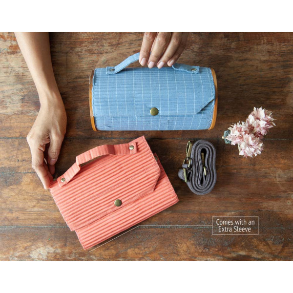 Round Sling Bag/Clutch With Changeable Sleeve (Solid Coral & Sky Blue Lines)