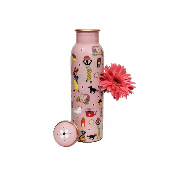 Taal Mell Copper Bottle 1 Ltr with Copper Purity Guarantee Certificate, Free Cotton Bag - Printed Modern Art Pink Design