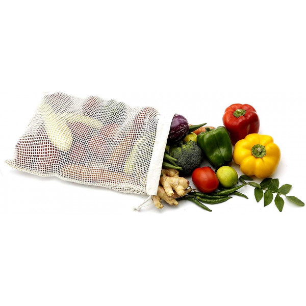 6 Piece Eco-Friendly Mesh Cotton Vegetable Fridge Storage Bag, Cream
