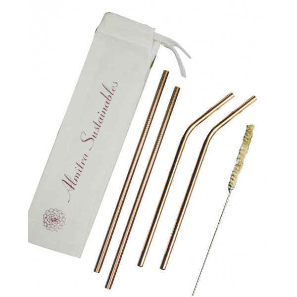 Reusable Copper Straw Pack of 4 with Cleaner ((2 Bent & 2 Straight))