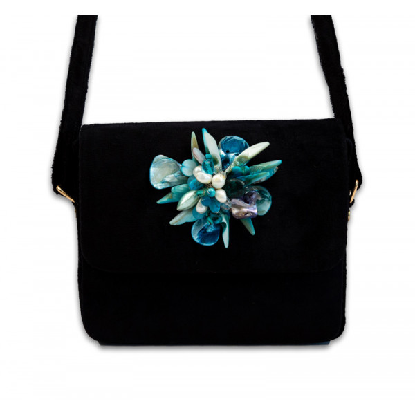 Black Sling Bag With Sky Blue Motif