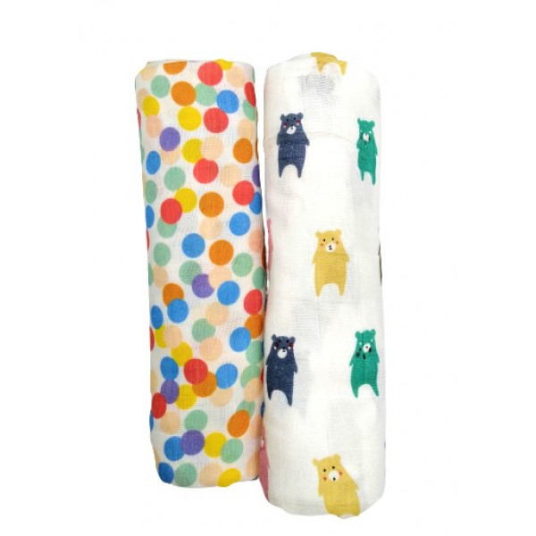 Kindermum Organic Cotton Muslin Swaddle Blanket Large Size - (0-12 Month) 110 cm X 110 cm - Set of 2 - Colorful Polka and Bear