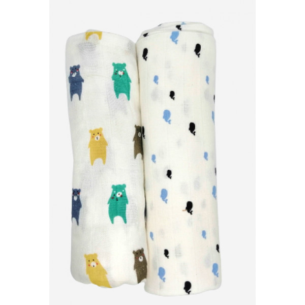 Kindermum Organic Cotton Muslin Swaddle Blanket Large Size - (0-12 Month) 110 cm X 110 cm - Set of 2 - Bear and Whale