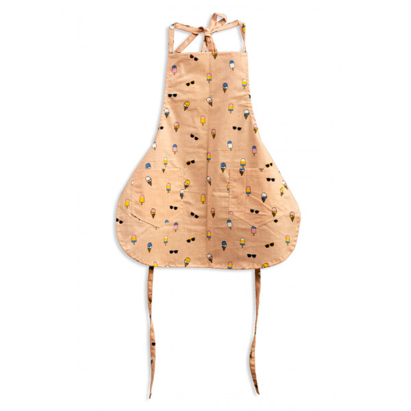 Kids Apron - Light brown with ice cream and Sunglasses print ( Pear-shaped)