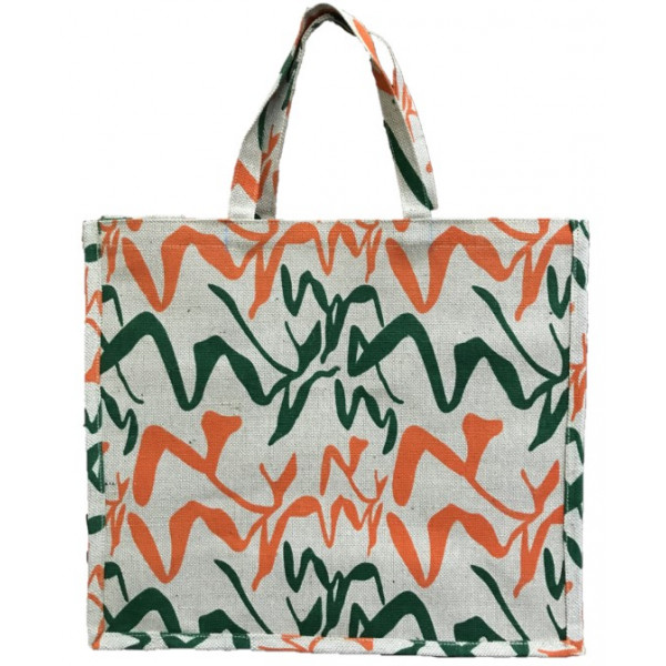 Printed Jute Cotton Shopping Bag - Orange and green print