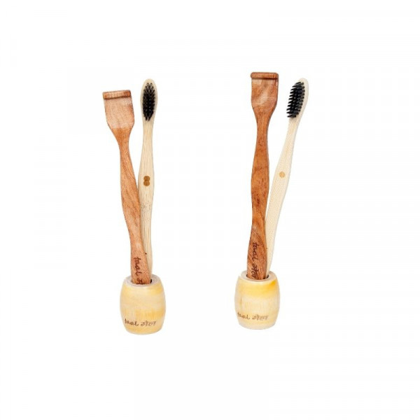 Oral Care Set – Bamboo Toothbrush, Neem Wood Tongue Cleaner and Bamboo Holder (Pack of 1)