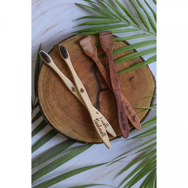 Taal Mell Bamboo Toothbrush & Neemwood Tongue Cleaner (Pack of 2 each)