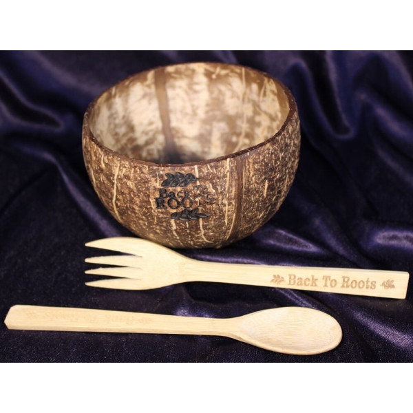 Coco Bowl (450-500 ml) and Bamboo Spoon & Fork | Travel Kit | Matte Finished 