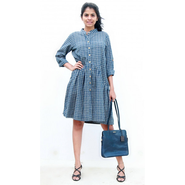 Smart Navy Blue Buttoned Down Short Dress with White Checks with pockets