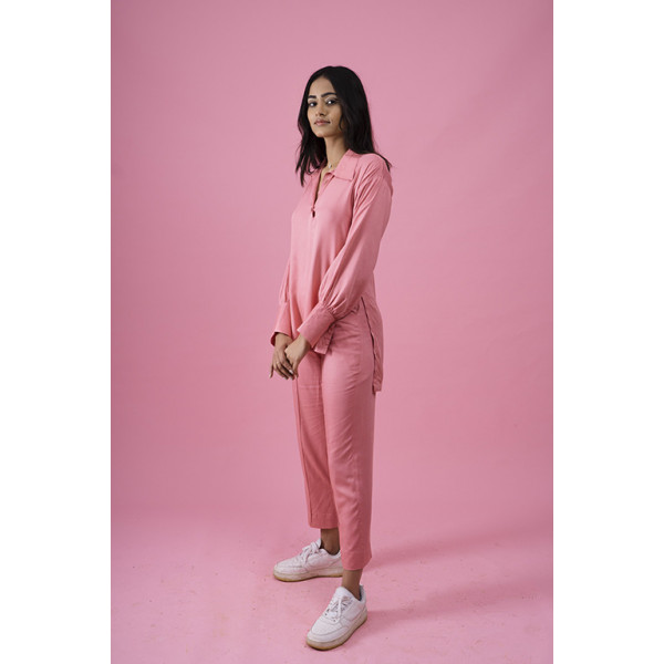 ROSIE TENCEL PINK PANTS AND ROSIE LOOSE FIT LONG SHIRT  SET