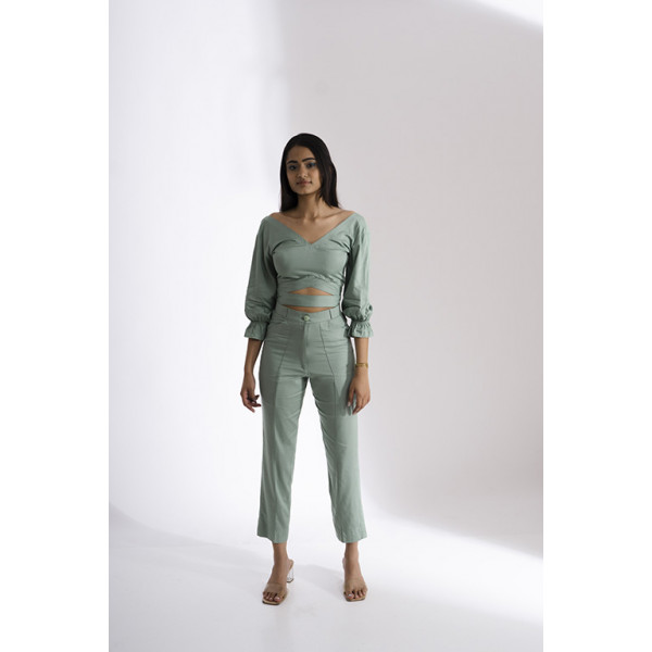 SOUL EYES GREEN TENCEL PANTS & CROP TOP SET