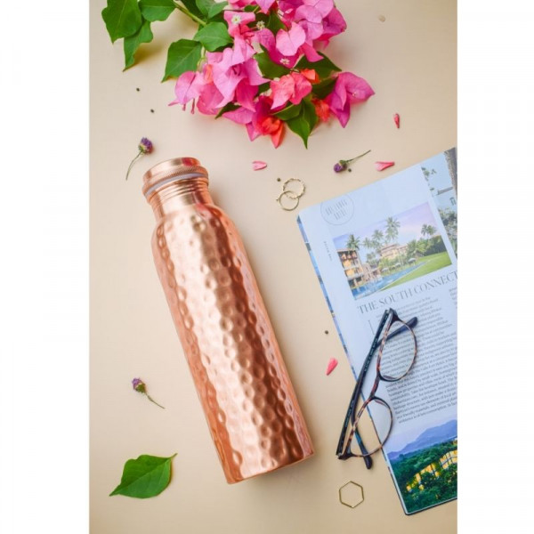 Hammered  Copper Bottle 1 Ltr Copper Purity Guarantee Certificate, Free Cotton Bag 