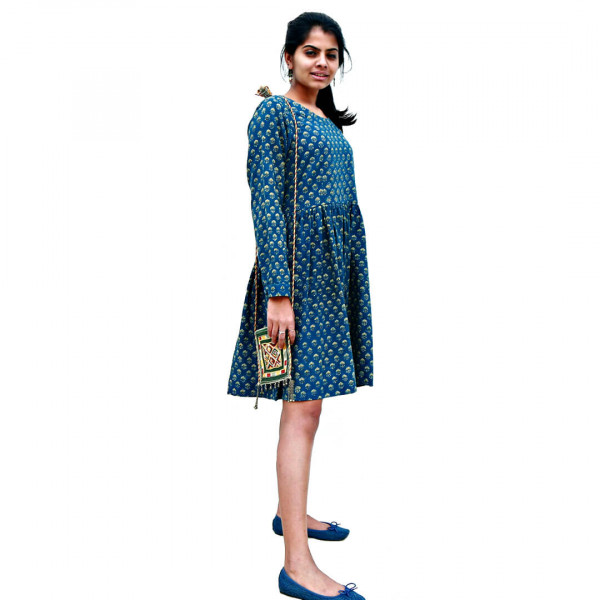 Peacock Blue Short Dress with Yellow Print