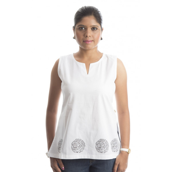 Sleeveless Top White with purple Elephant mahut Print