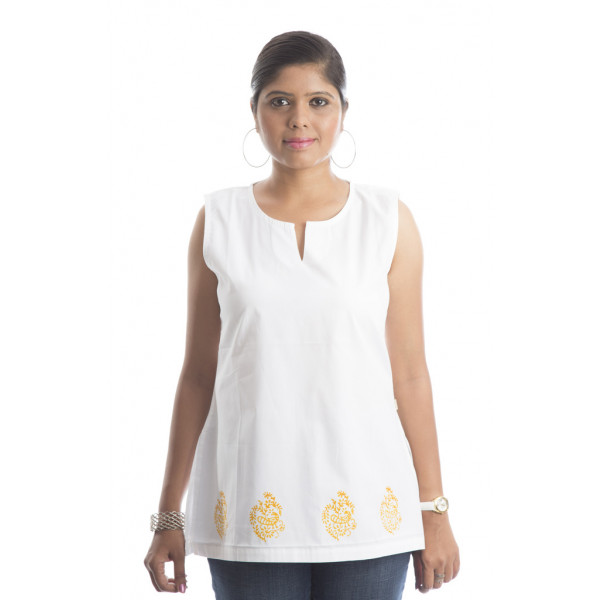 Zeme Sleeveless top - White with Yellow Bird & Flower Print