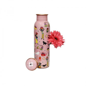 Taal Mell Copper Bottle 1 Ltr with Copper Purity Guarantee Certificate, Free Cotton Bag - Printed Modern Art Pink Design