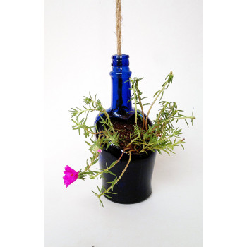 Upcycled Hanging Bottle Glass Planter (Blue)