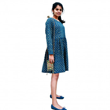 Peacock Blue Short Dress with Yellow Print (S)