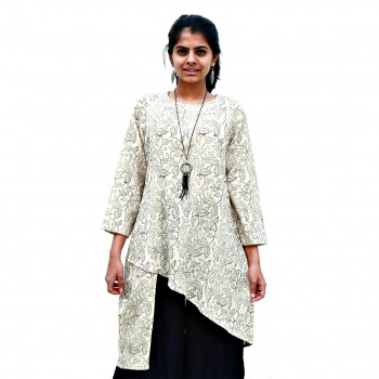 Beige Kurta Top with Black Print (S)
