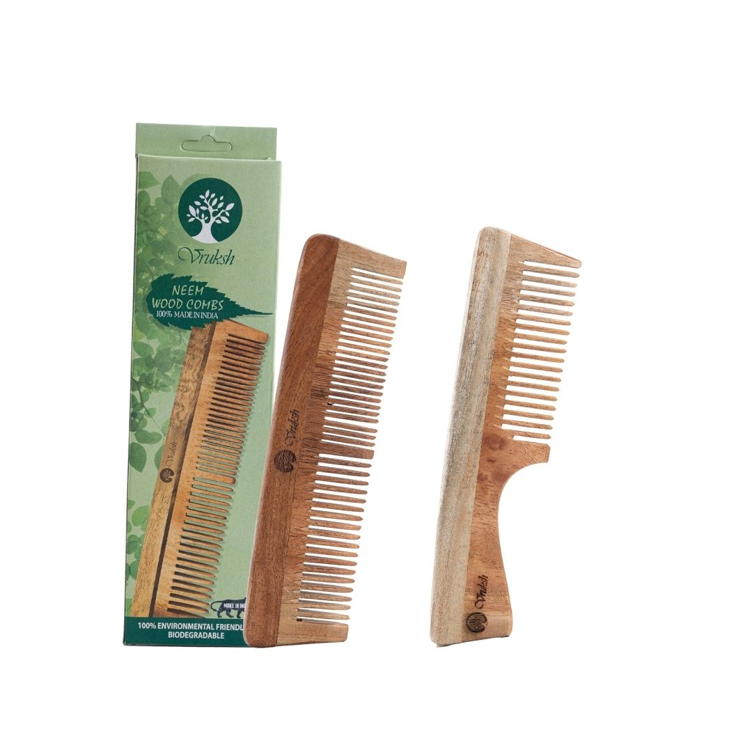 Dual Bristle Neem Wood Comb + Handle Neem Wood Comb