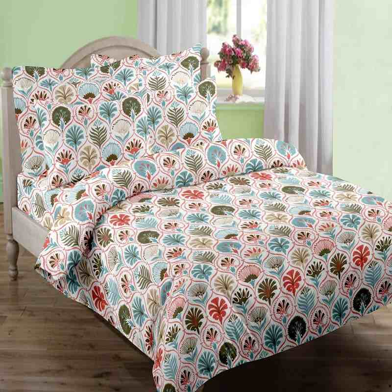 100% Pure Cotton Folk Floral White Bedsheet Set
