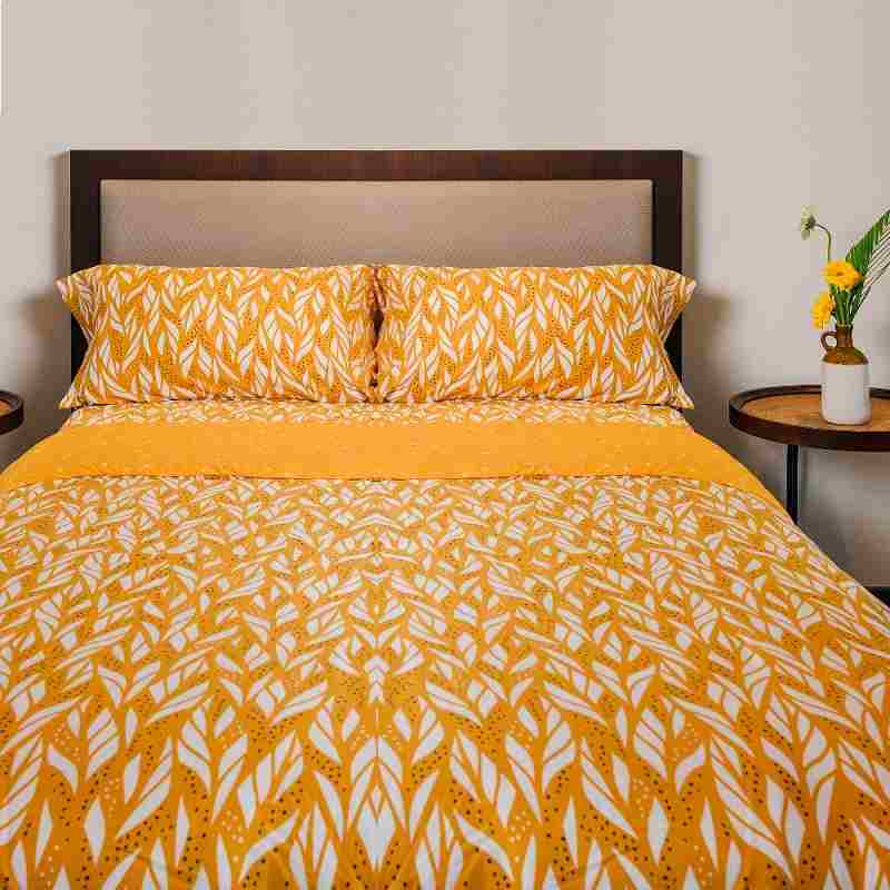 Antimicrobial 100% Cotton Foliage Floral Yellow  Bedsheet Set 