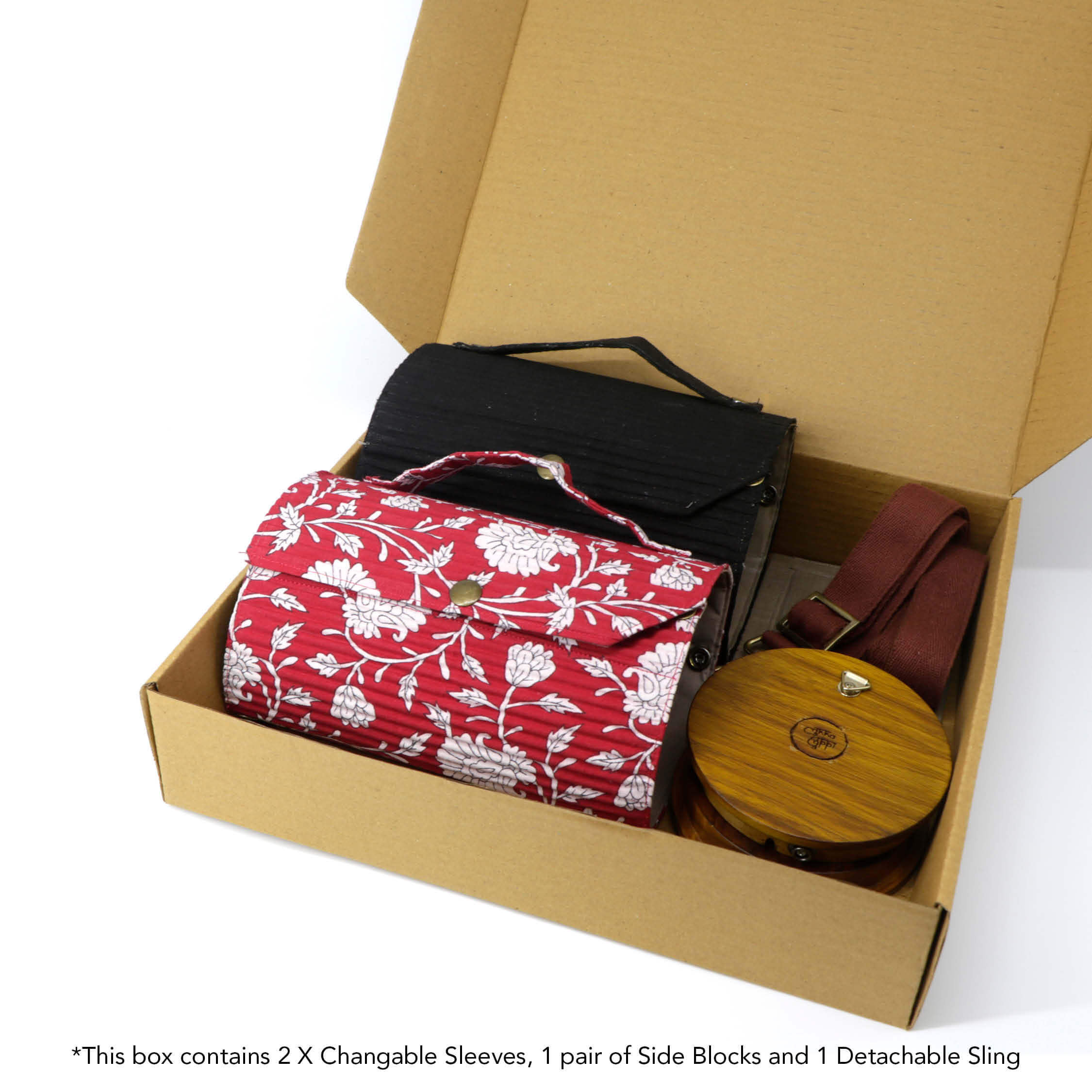 Round Sling Bag/Clutch With Changeable Sleeve (Solid Black & Floral Creeper Red)