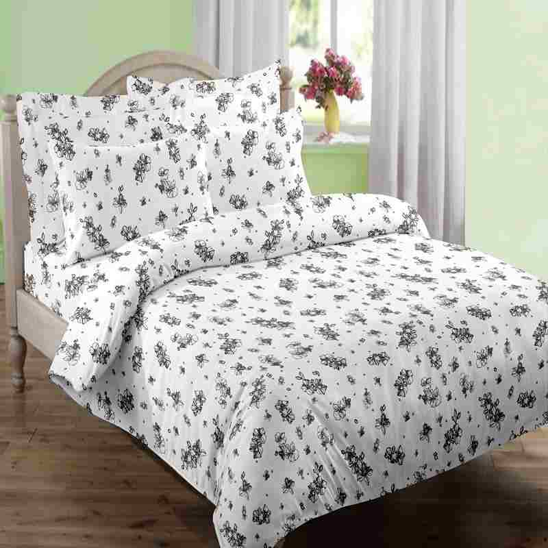 Antimicrobial 100% Cotton Linear Floral Grey Bedsheet Set 