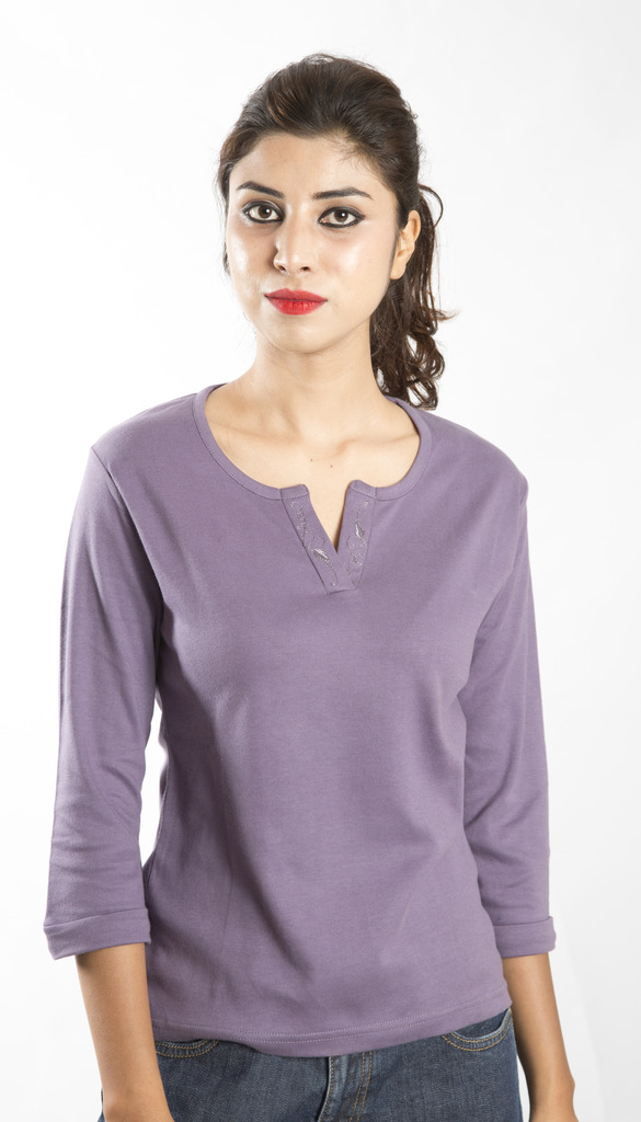 3/4th Sleeves T-Shirt, Self colour Embroidery on front placket