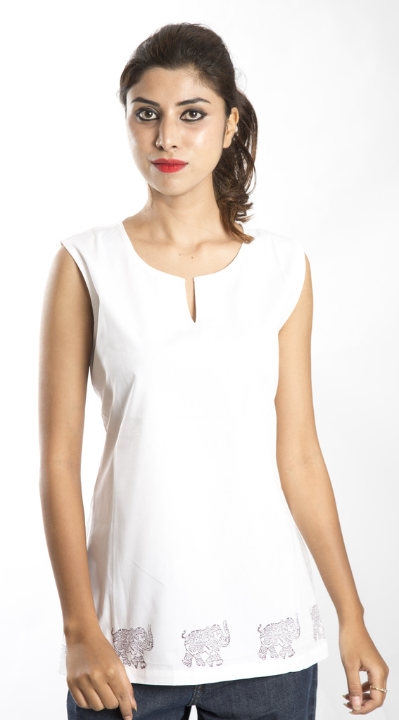 Sleeveless Top White with purple Elephant Print